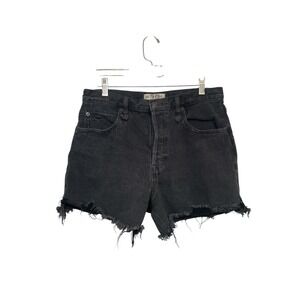 We The Free Womens Distressed Button Fly Jean Shorts Black Denim Raw Hem Size 29